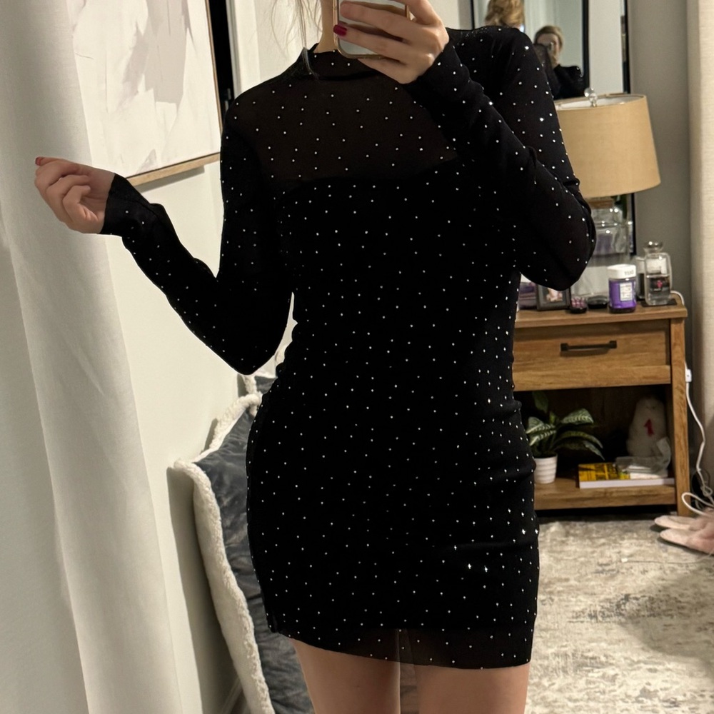 Elegant Black Sheer Bodycon Rhinestone Sparkle Party NYE Holiday Birthday Dress - Picture 3 of 8